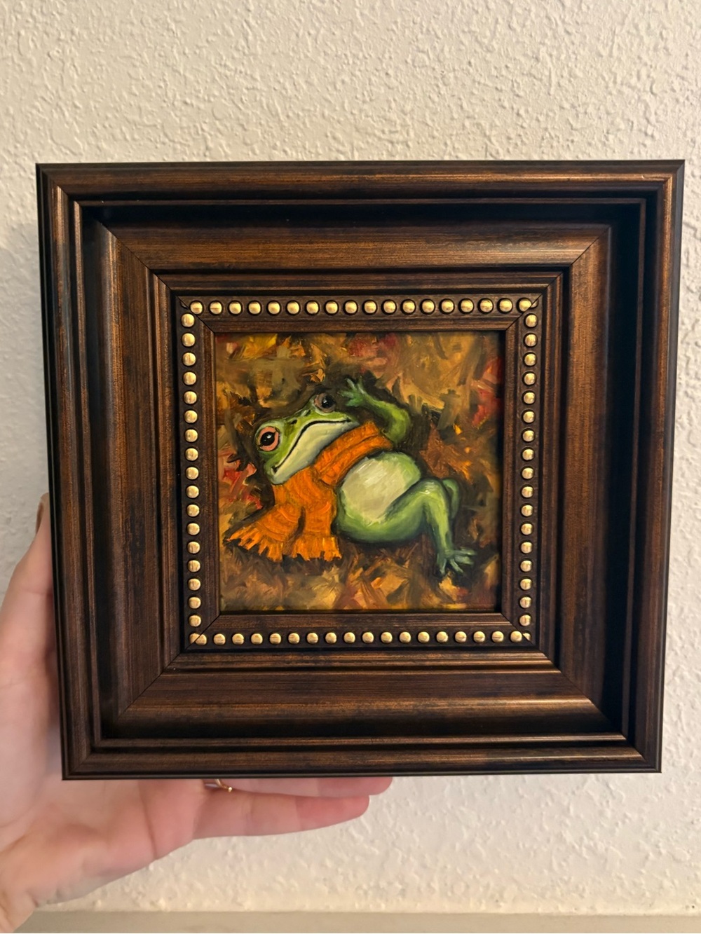 "Falling Leaves Frog" Original oil painting on wood board mini framed 4x4"